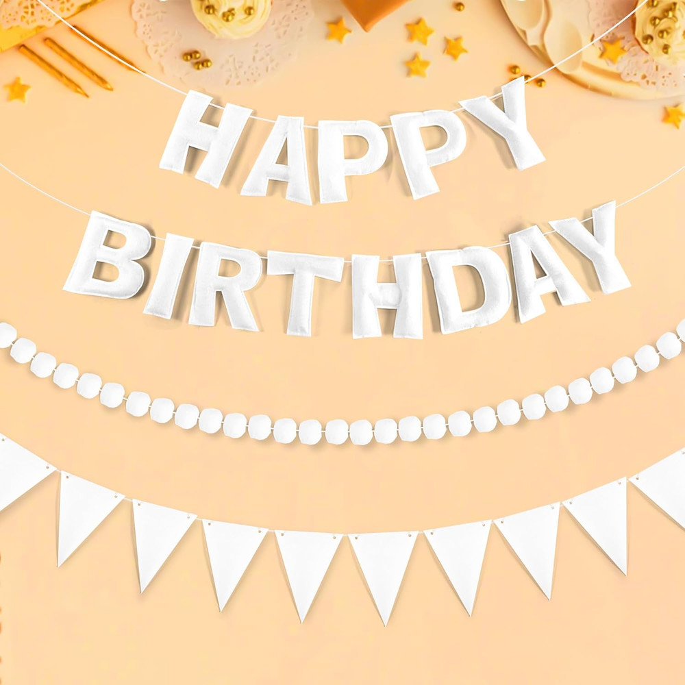 Pre-Strung 3D Rainbow Happy Birthday Banner, 3 PCS Happy Birthday Felt Sign, Pom