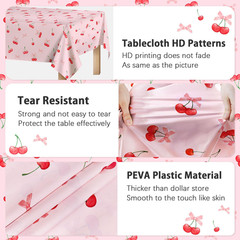 3Pcs Cherry Birthday Decorations Tablecloths, Large Size Cherry and Bows Birthda