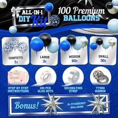 ALL-IN-1 Blue and Black Balloons Arch Kit with BONUS Blue, Black, Silver
