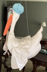 Vintage Large Plush Hanging Stork & Baby, 17 «, By Russ painted eyes,Satin