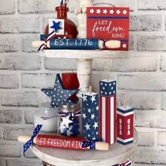 4th of July Firecracker Decorations – Rustic Patriotic Tiered Tray Decor, Indepe