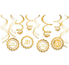50th Birthday Party Decorating Kit Gold & White 4 Paper Fans 8 Gold Swirls 12pcs