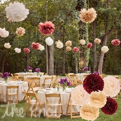 Burgundy Gold Birthday Party Decorations – 6pcs Tissue Pom Poms (10in, 12in)