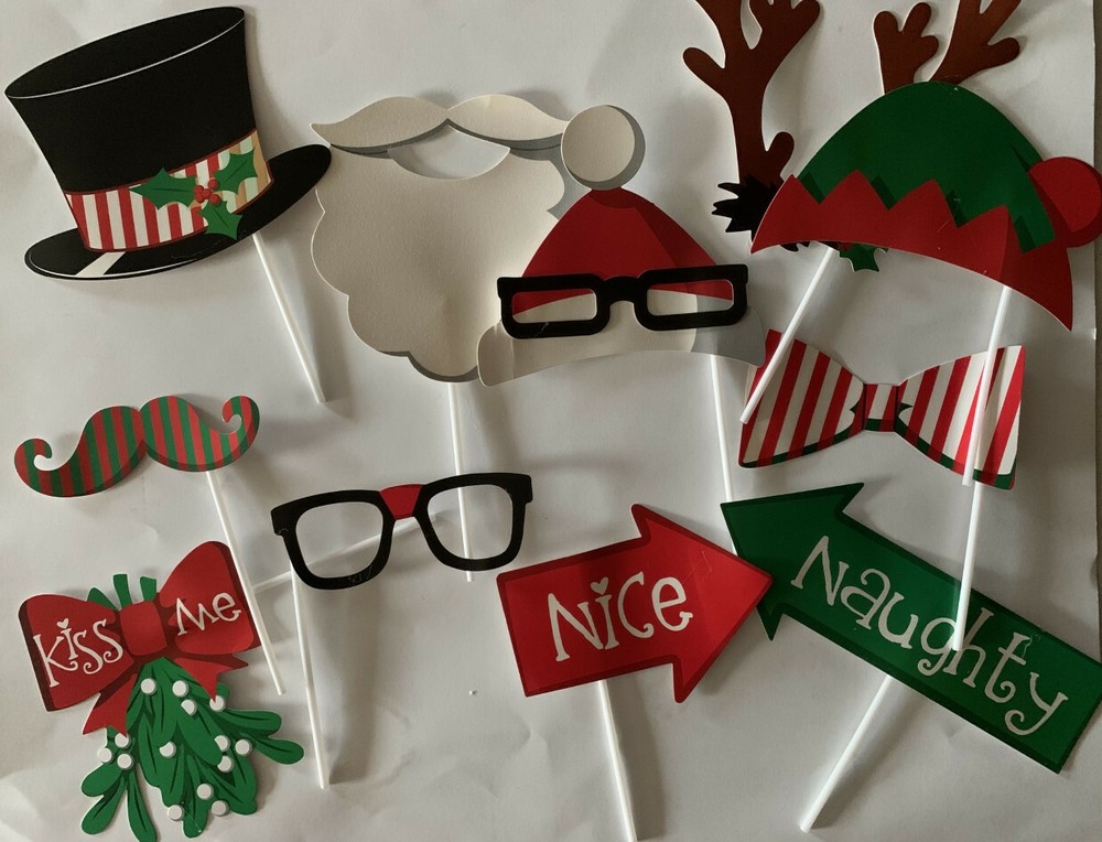 13pc Set Christmas Holiday Photo Booth Costume Work Card Party Props Santa Elf