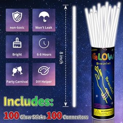 100 Pack 8” White Glow Sticks Bulk with 100 Connectors Neon Glow In The Dark …