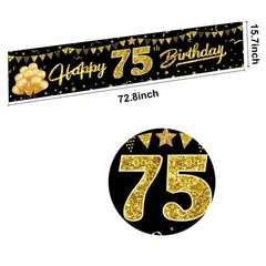 Happy 75th Birthday Banner Decorations for 73 inches by 16 inches, black gold