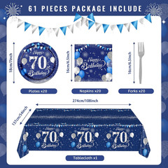 70Th Birthday Decorations for Men,61Pcs Blue Silver 70Th Birthday Decorations Ta
