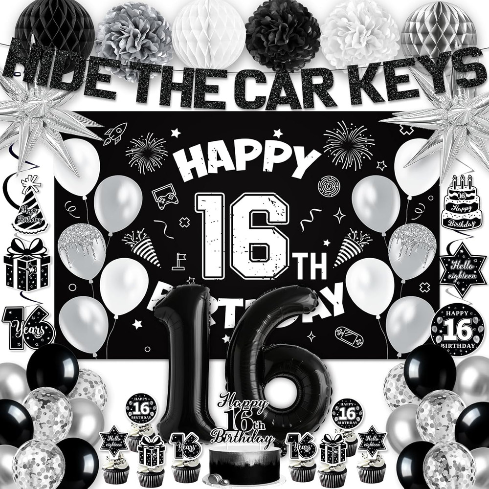 16Th Birthday Party Decorations for Boys, Black White 16Th Party Supplies with H