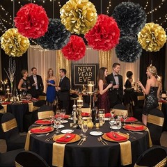 12 PCS Black Red Gold Tissue Paper Pom Poms Hanging Ceiling Flowers Party Decor