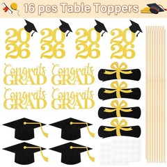 16 Pcs Graduation Decoration 2026 Centerpieces Sticks Gold Black Double Side