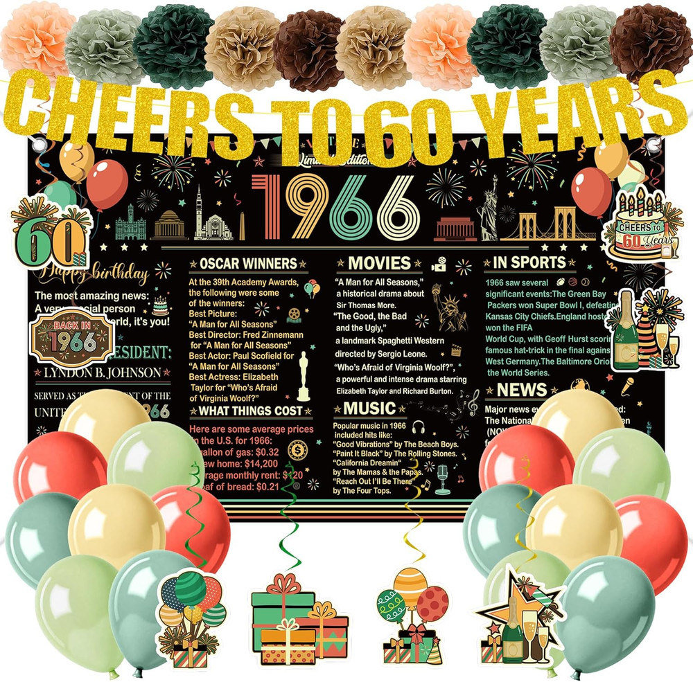 60Th Birthday Decorations for Men Women, Vintage 1966 Backdrop, Cheers to 60 Yea