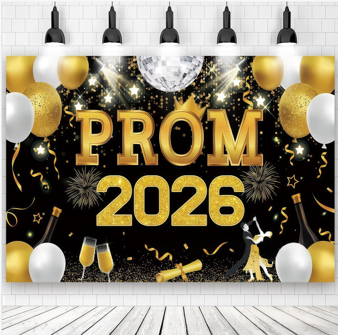 Black Gold Prom 2026 Congrats Grad Backdrop Photo Background Banner Party Props