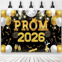 Black Gold Prom 2026 Congrats Grad Backdrop Photo Background Banner Party Props