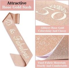 Elegant 50th Birthday Sash, Crown & Glittery Cake Topper Gift Set in Rose Gold