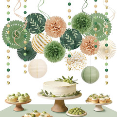 Sage Green Party Decorations Kit for Birthday,Paper Decor with Flower,Lantern,Pa