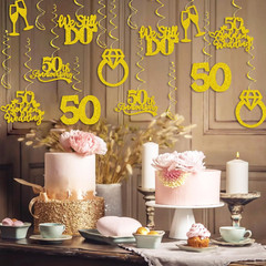 50Th Anniversary Decorations, Gold Glitter Happy 50Th Anniversary Hanging Swirls