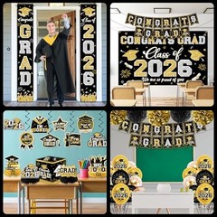 Class of 2026 Graduation Decorations Set – Black & Gold Banner, Backdrop, Balloo