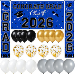 Class of 2026 Graduation Decorations Set Blue Banner Backdrop Balloons 23PCS