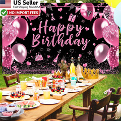 Pink & Black Happy Birthday Banner Backdrop 6×3.6ft Decorations Men Women Kids