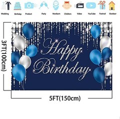Navy Bluey and Silver Happy Birthday Backdrop 6×3.6ft Navy Blue and Silver
