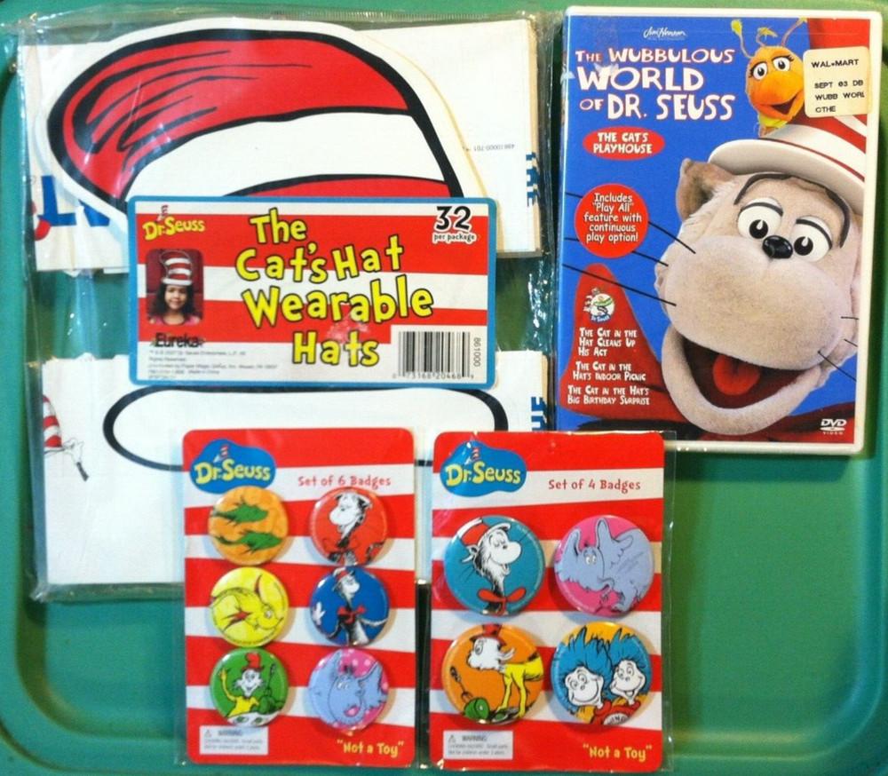 🔥THE CAT IN THE HAT🔥 Dr. Seuss Wearable Hats Pin Buttons & Wubbulous World DVD