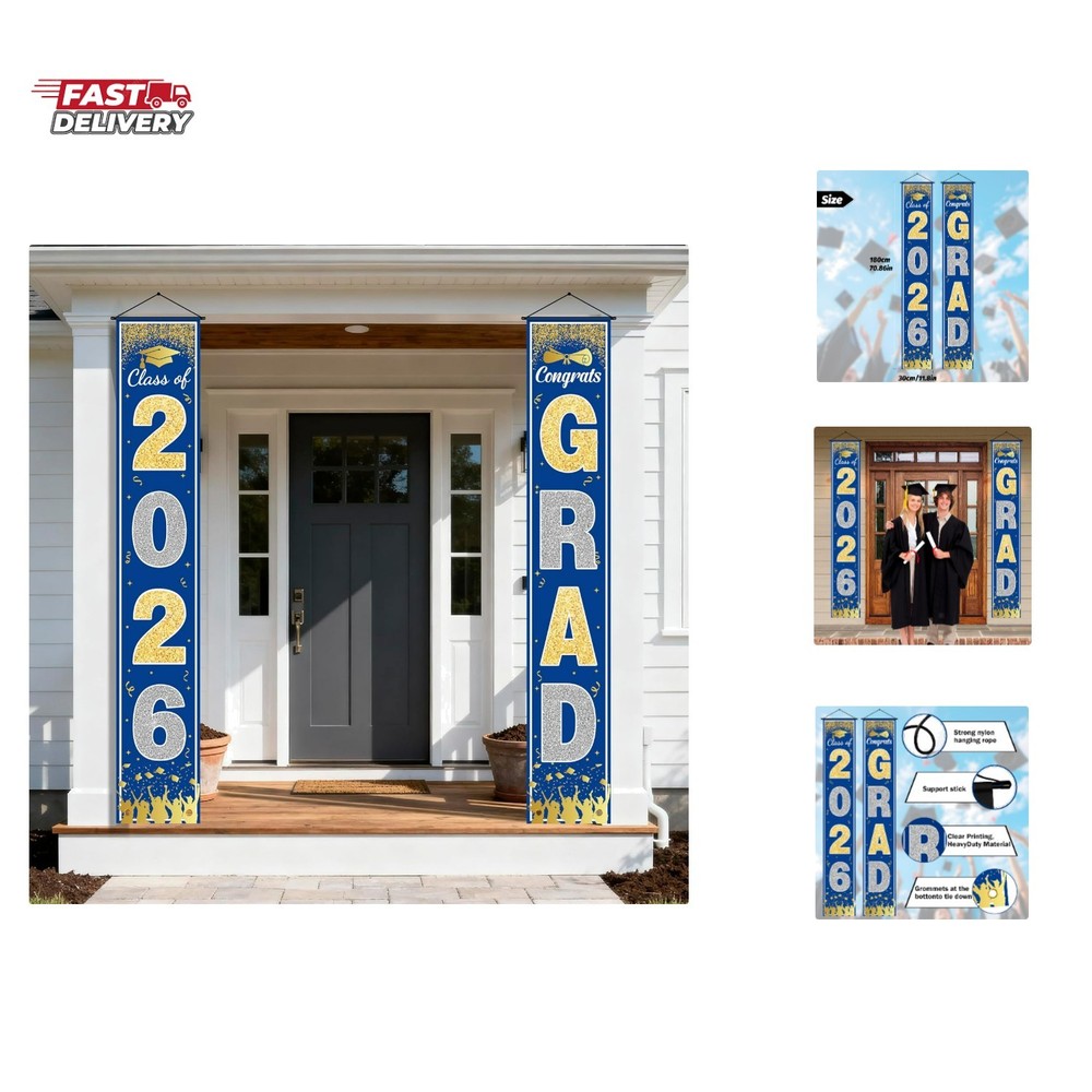 Graduation Decorations 2026 – Blue Gold Congrats Grad Porch Banner for Gradua…
