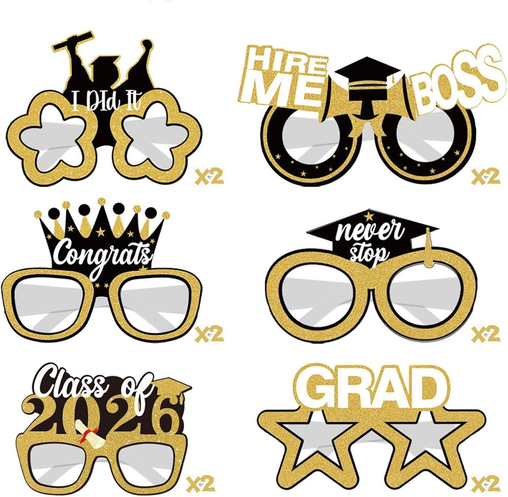 12 Pcs 2026 Graduation Photo Booth Props – Gold & Black Glitter Graduation Glass