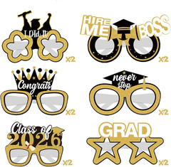 12 Pcs 2026 Graduation Photo Booth Props – Gold & Black Glitter Graduation Glass