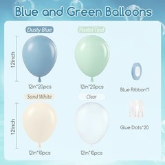 60pcs Under the Sea Balloons 12inch, Blue and Green Balloons Blue White Green