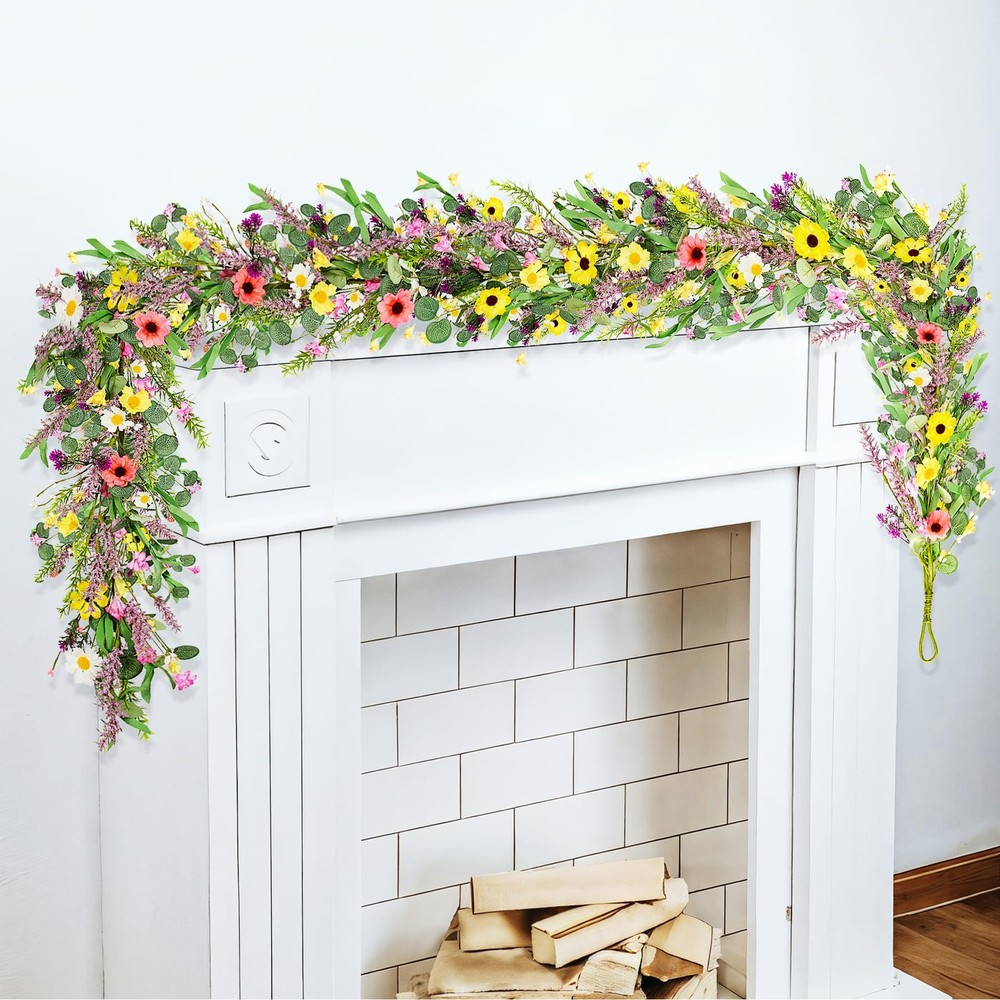 6FT Wildflower Garland, Artificial Spring Floral Garland with Eucalyptus Leav…