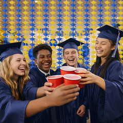 Graduation Decoration 2026 – Blue Gold Graduation Cap Tinsel Streamers Backdrop