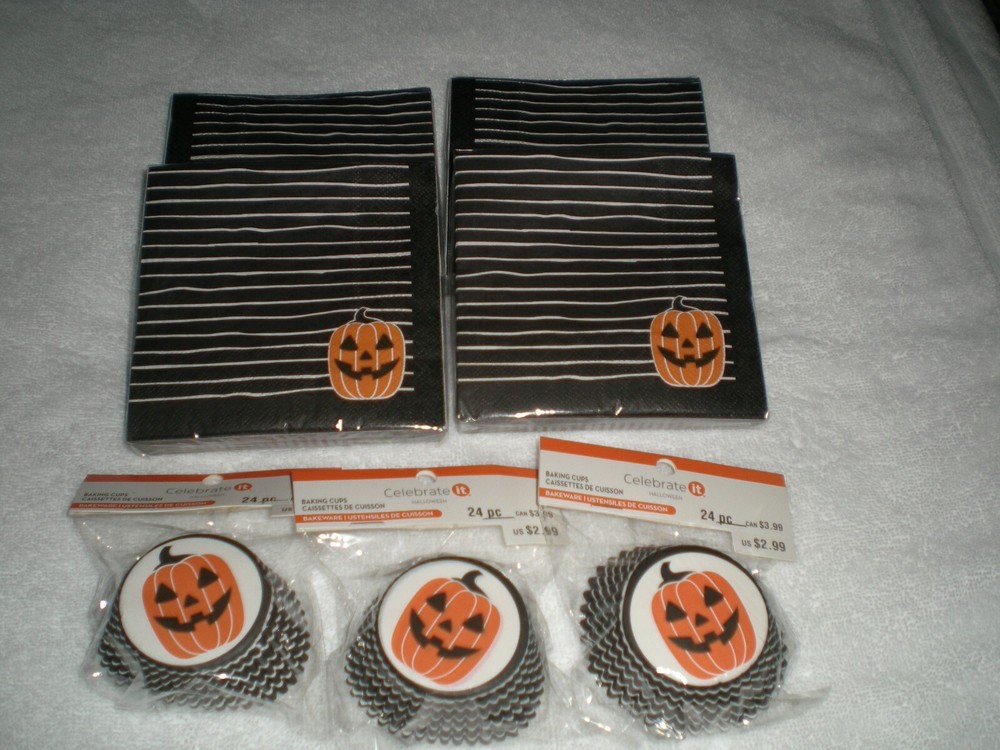 Halloween Paper Napkins & Cupcake Baking Cups NIP Black White Stripe Pumpkins