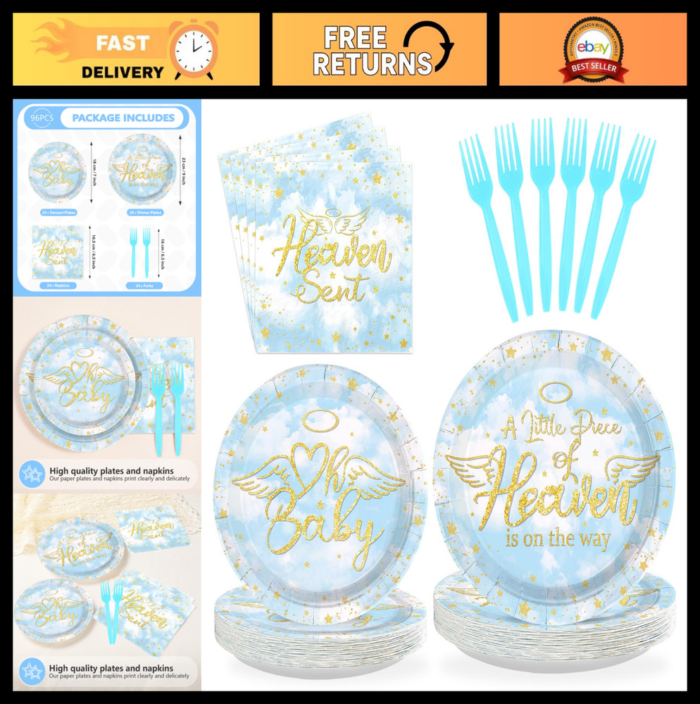 96Pcs Baby Shower Decorations – Angel Wings Plates & Napkins, Heaven Theme Table