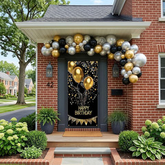 Happy Birthday Door Banner Decorations – Black and Gold Birthday Door Cover