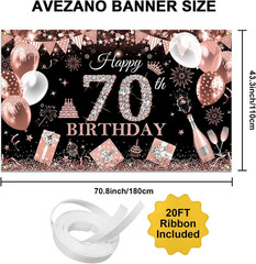 Happy 70Th Birthday Banner for Women Black and Rose Gold Glitter Balloon 70 Birt