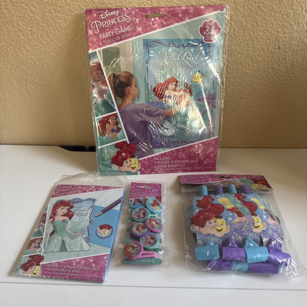 Ariel Little Mermaid B-Day Party game, Blowouts, Hair Ties, Thank You Cards