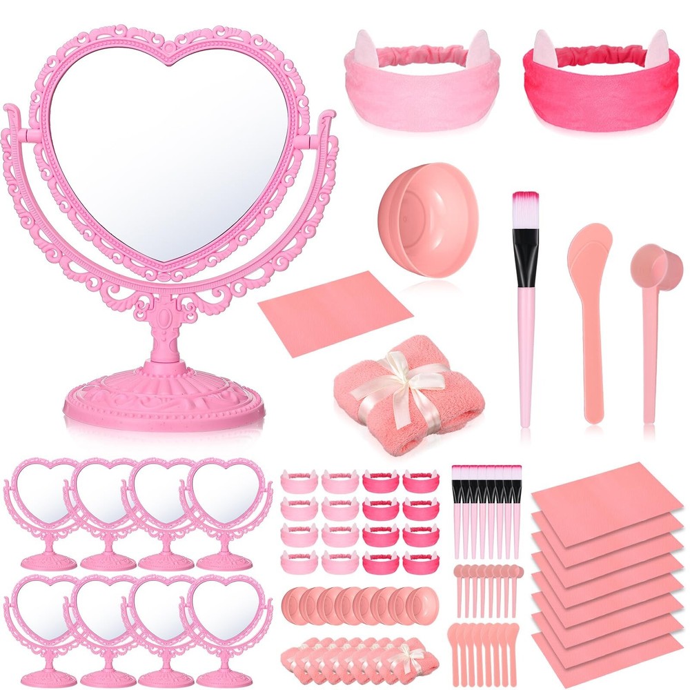 8 Set Spa Party Supplies with 8 Heart Shaped Mirror 8 Desk Mat 8 Face Mask Br…