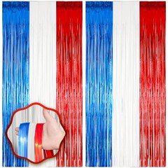 Pack Red White and Blue Foil Fringe Backdrop Curtains, Tinsel 2 Redblue