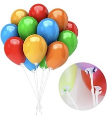 100 Pieces White Plastic Balloon Sticks Holders and Cups 12.6 Inch