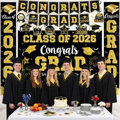 Graduation Decorations Class of 2026 – 18in, 12in, 10-inch, C2 Black and Gold