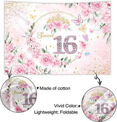 7x5ft Sweet 16 Backdrop Banner Decorations for Girls Birthday Party Pink Floral