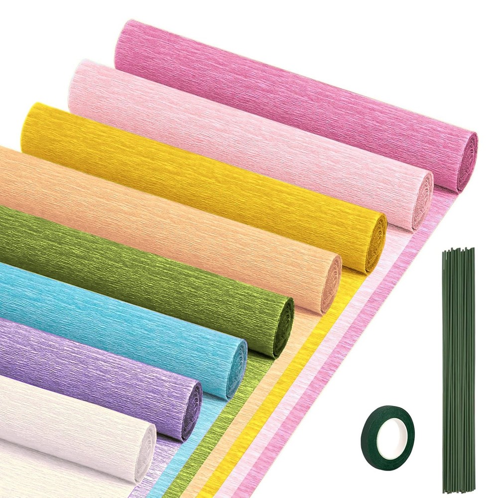 8 Rolls Crepe Paper Streamers 10×98 Inch 8 Colors Light Rainbow Floral Craft