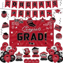 Graduation Decorations 2026 Red Congrats Grad Banner Backdrop Party Supplies Set