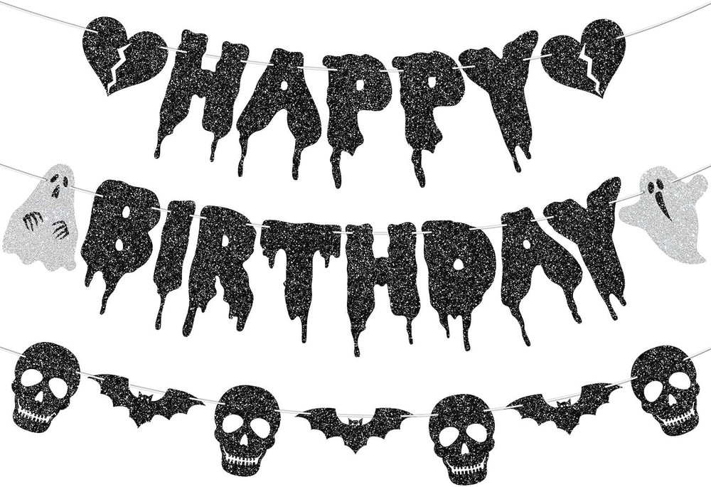 Glitter Black Halloween Birthday Banner-Heart Ghost and Skull Happy Birthday Dec