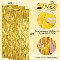 3 Pack 3.3×8.2 Feet Gold Foil Fringe Backdrop Curtains, Tinsel 05 Gold