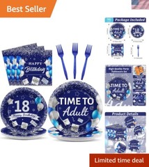Time to Adult! 96 Pcs Blue & Silver 18th Birthday Tableware for Boys and Girls