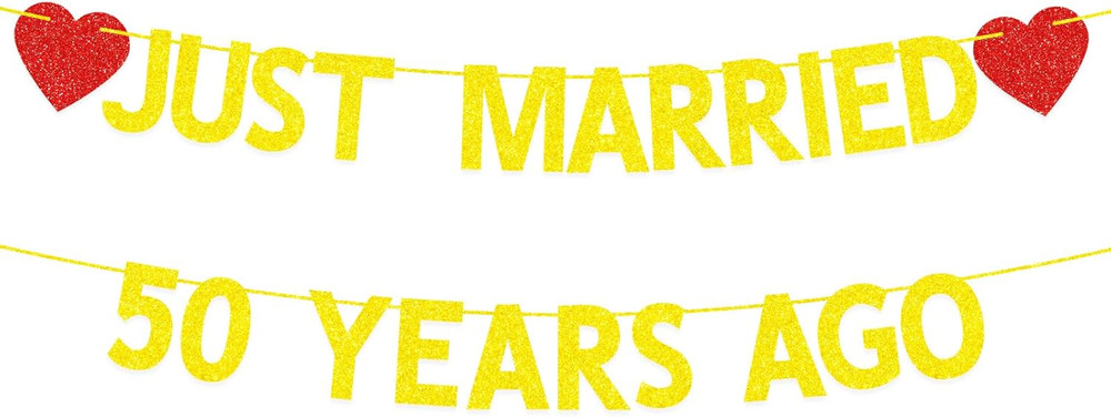 50Th Wedding Anniversary Party Banner Decorations, Gold Red Glitter Just Married