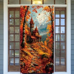 Fall Banner Door Cover,Leaves Castle Decor Thanksgiving Orange