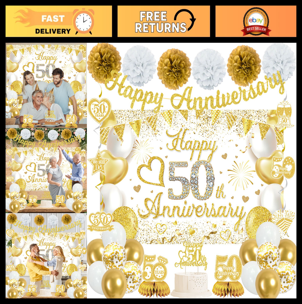 50th Anniversary Decorations – Cheers to 50 Years Party Supplies, Gold Glitter B