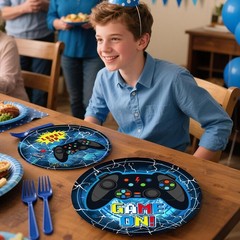 Blue Gamer Party Decorations Set for 20 Boys Video Game Theme Party Supplies